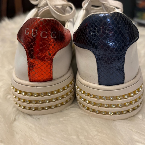 Gucci Women’s White Leather Rhinestone Platform Sneakers Size 39 US 9 - Picture 6 of 11